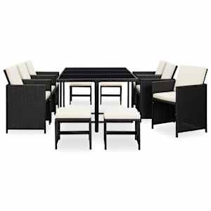 vidaXL 11 Piece Outdoor Dining Set with Cushions Poly Rattan Black