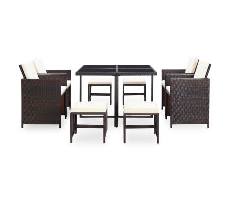 vidaXL 9-osainen Ulkoruokailuryhm&auml; tyynyill&auml; polyrottinki ruskea