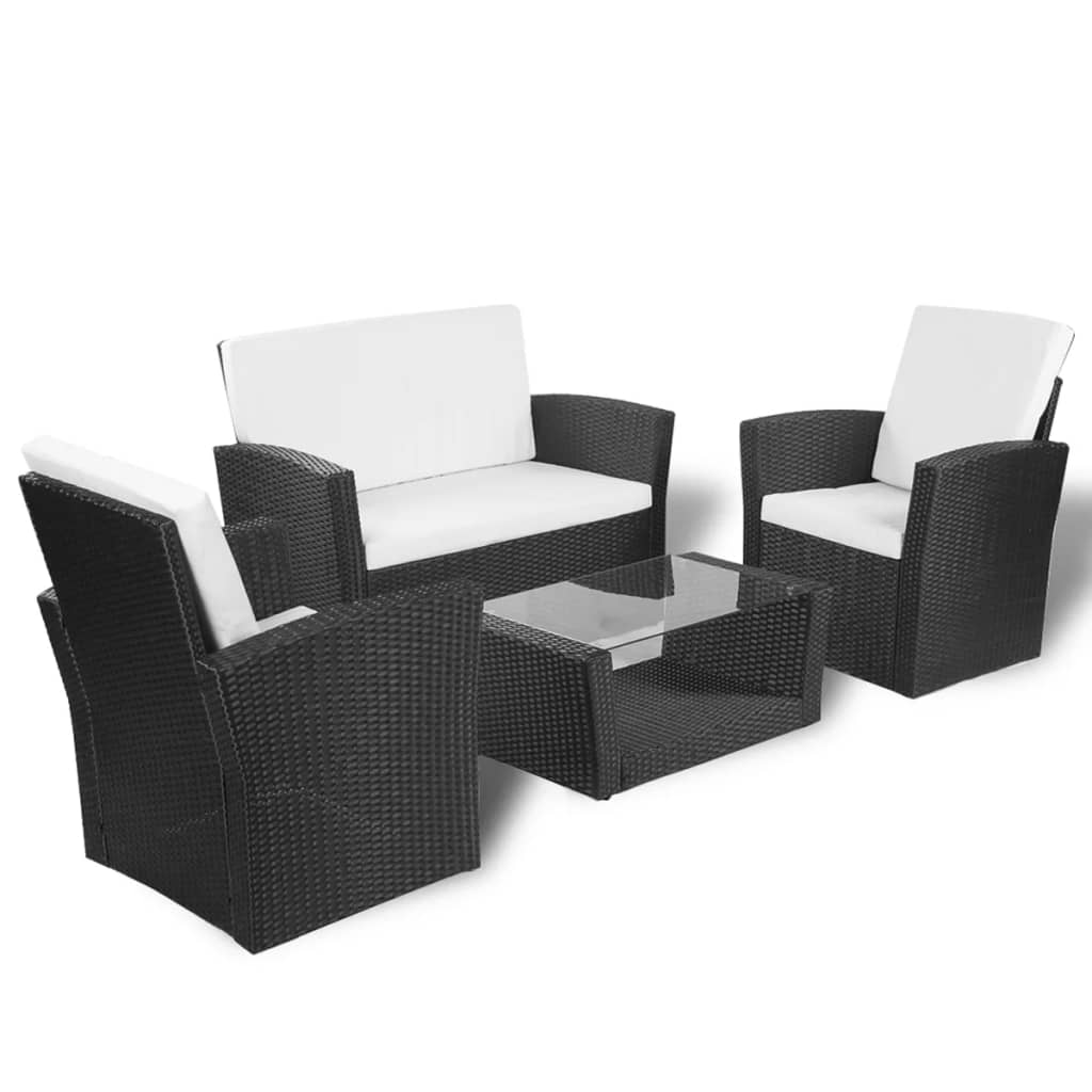 vidaXL 4-delige Loungeset met kussens poly rattan zwart afbeelding