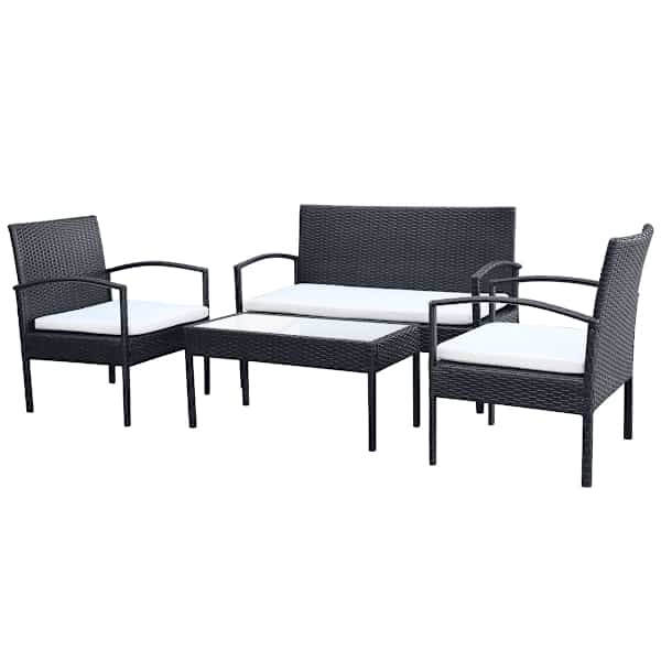 vidaXL 4-osaline aiam&ouml;&ouml;blikomplekt patjadega, pol&uuml;rotang, must