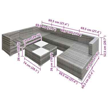 vidaXL 8 pcs conjunto lounge de jardim c/ almofadões vime PE cinzento[5/5]