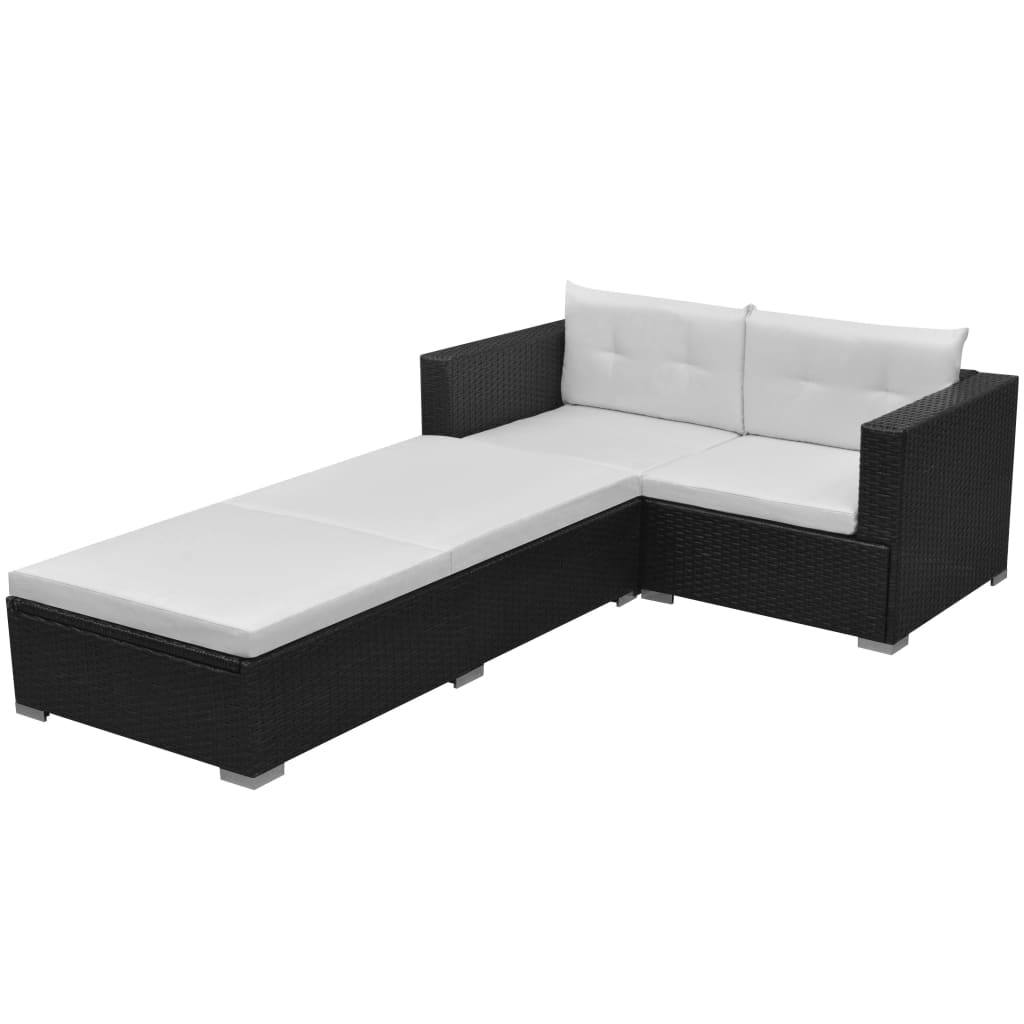 vidaXL Set mobilier de grădină cu perne, 3 piese, negru, poliratan