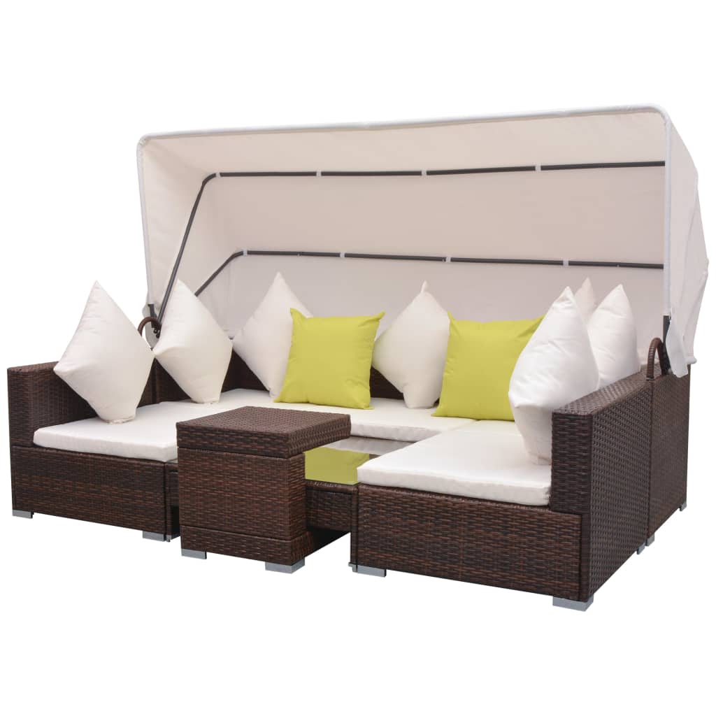 

vidaXL 7-delige Loungeset met luifel poly rattan bruin