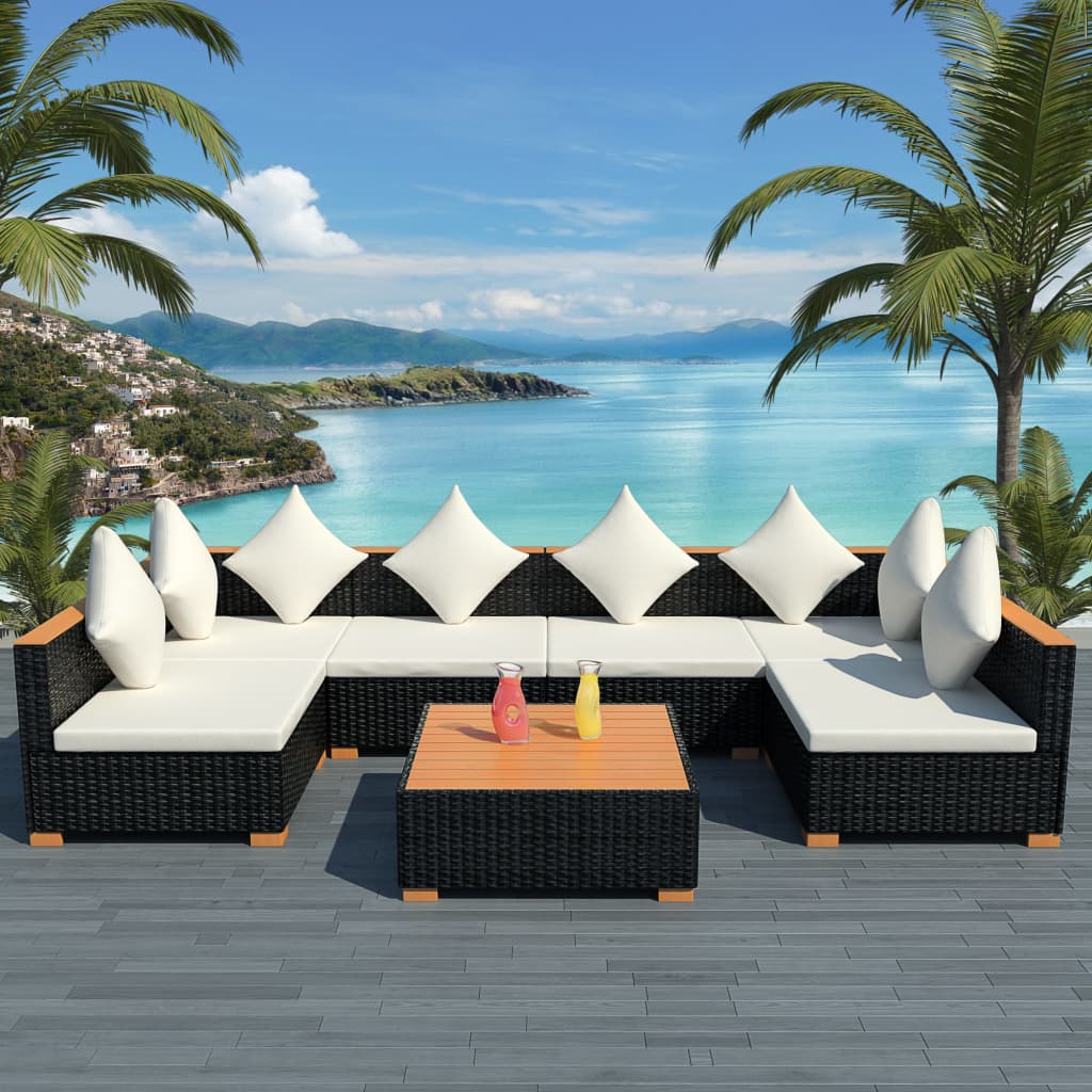 vidaXL 7-tlg. Garten-Lounge-Set mit Auflagen Poly Rattan Schwarz