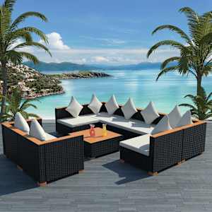 Vrtna sedežna garnitura z blazinami 9-delna poli ratan črna