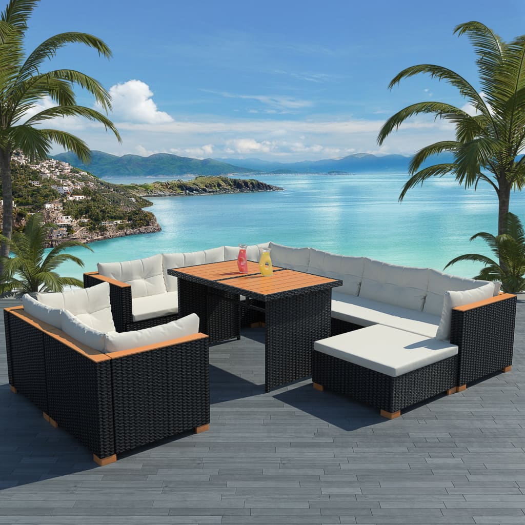 vidaXL Set mobilier de grădină cu perne, 10 piese, negru, poliratan vidaXL imagine model 2022