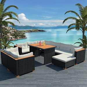 Vrtna sedežna garnitura z blazinami 10-delna poli ratan črna