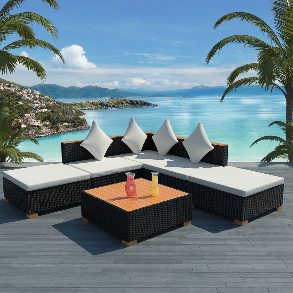 vidaXL 6-tlg. Garten-Lounge-Set mit Auflagen Poly Rattan Schwarz