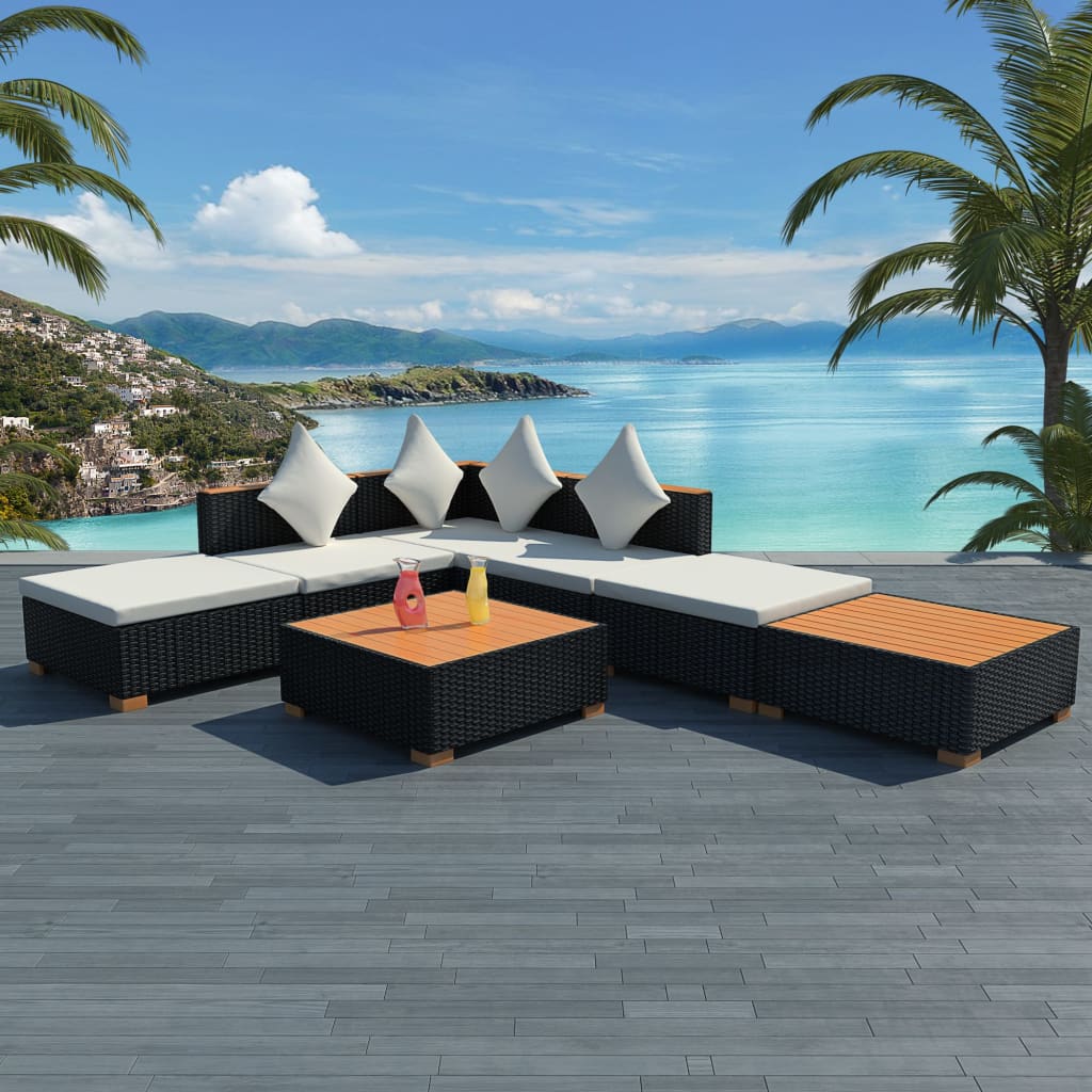 vidaXL 7-tlg. Garten-Lounge-Set mit Auflagen Poly Rattan Schwarz