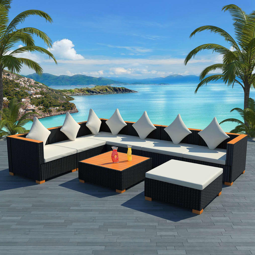 vida XL 8-tlg. Garten-Lounge-Set mit Auflagen Poly Rattan Schwarz