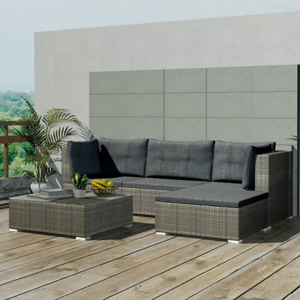 vidaXL 5-tlg. Garten-Lounge-Set mit Kissen Poly Rattan Grau