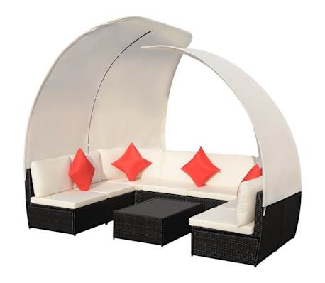 vidaXL 9-tlg. Garten-Lounge-Set mit Sonnendächern Poly Rattan Schwarz