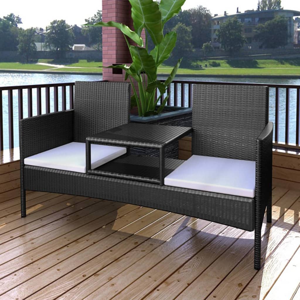 vidaXL Canapea de grădină cu 2 locuri, măsuță de ceai, negru poliratan vidaXL imagine model 2022