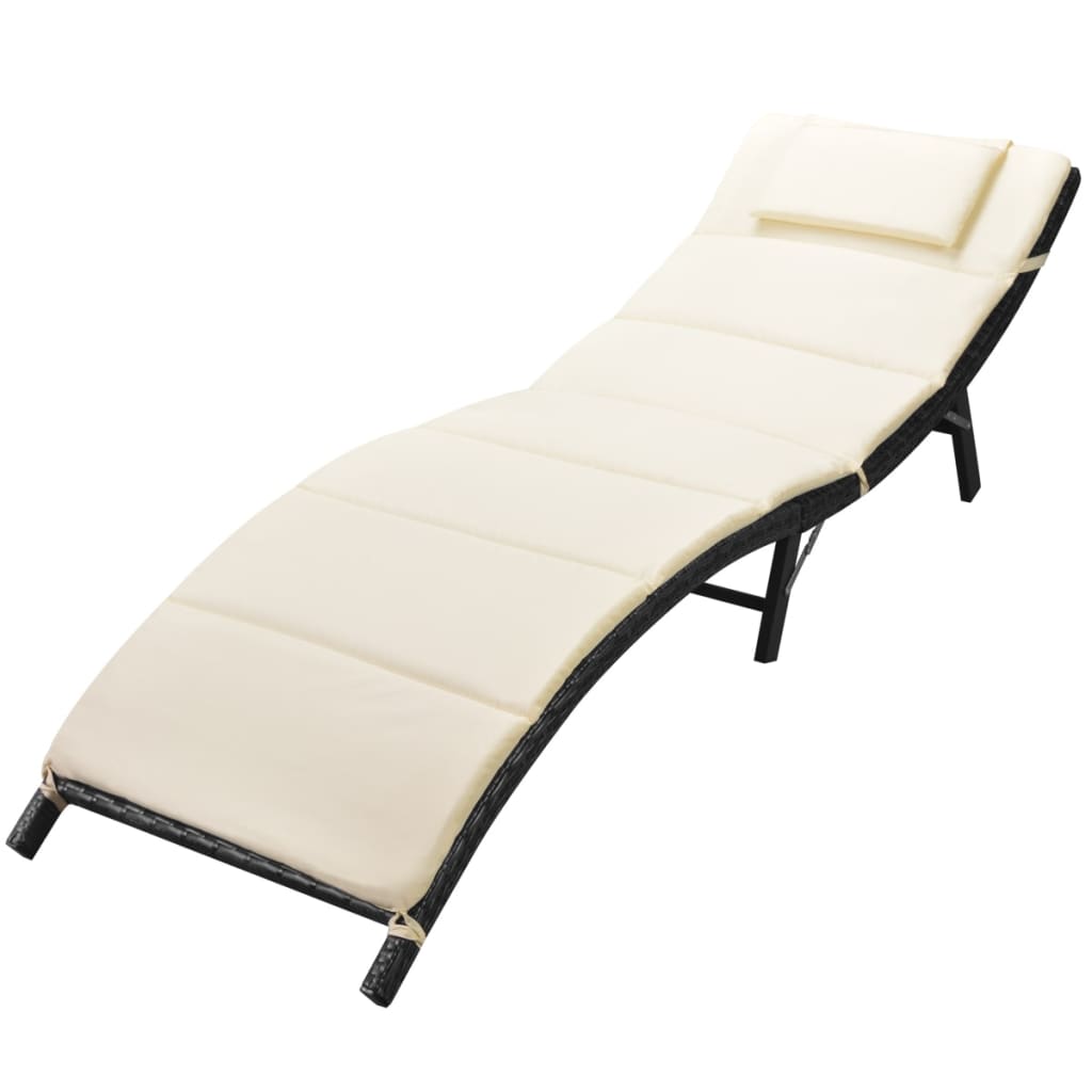 Chaise longue pliable avec coussin Résine tressée Noir