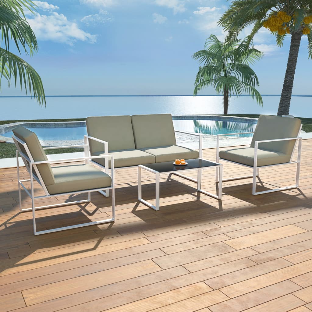 vidaXL 4-tlg. Garten-Lounge-Set mit Auflagen Stahl Weiß