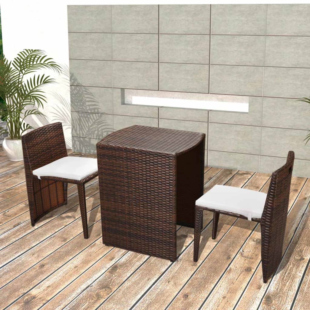 vida XL 3-tlg. Bistro-Set mit Auflagen Poly Rattan Braun
