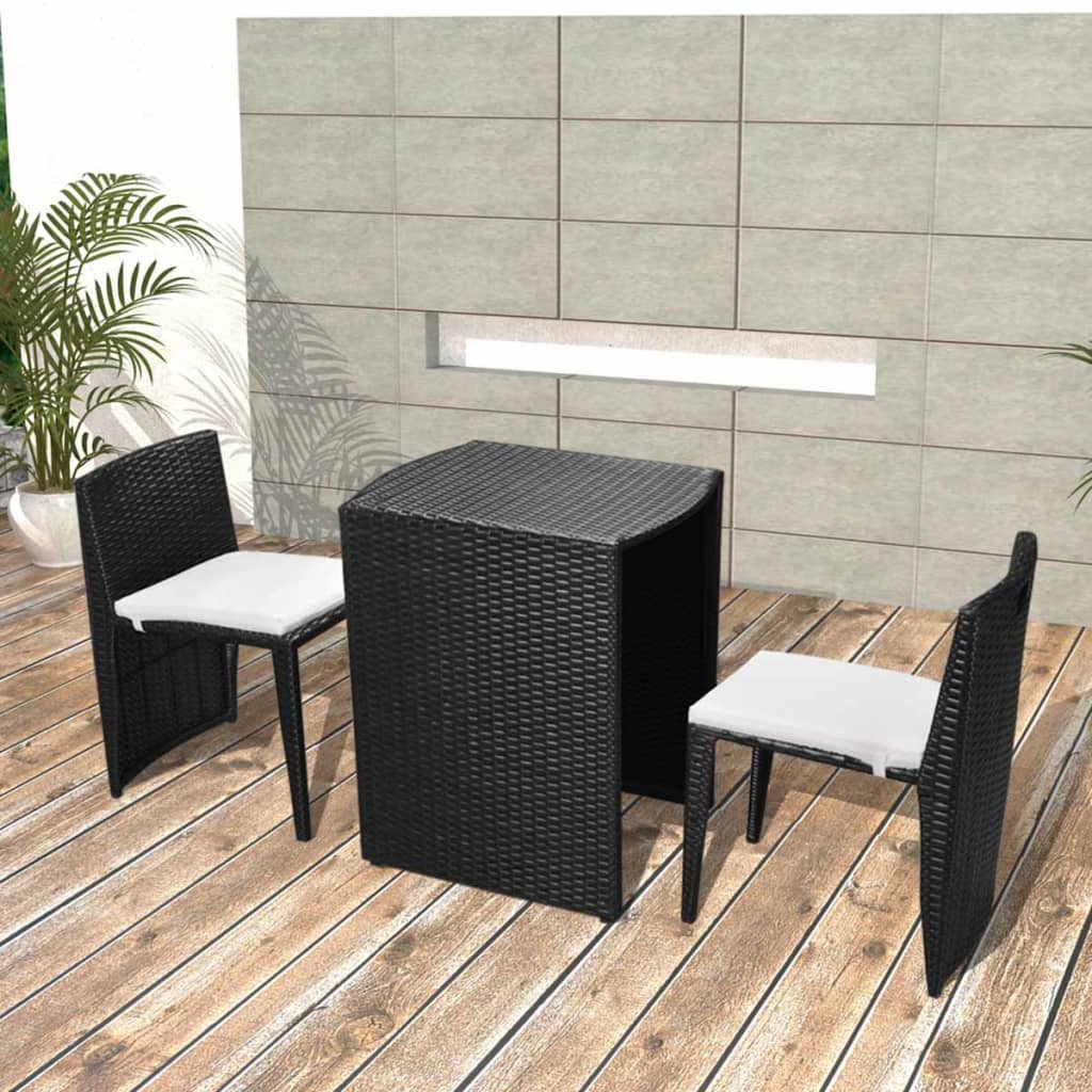 vidaXL Set mobilier bistro cu perne, 3 piese, negru, poliratan