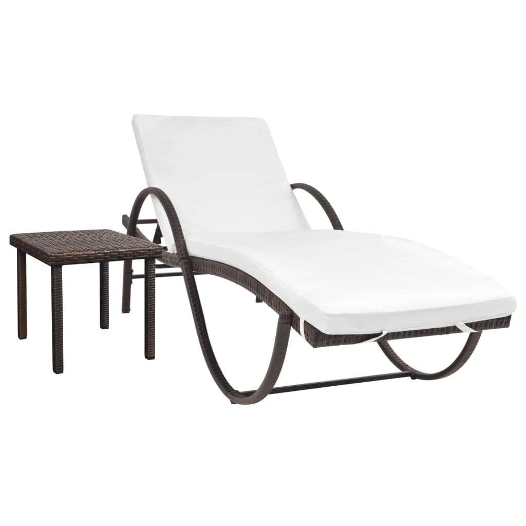 vidaXL Sonnenliege mit Auflage & Tisch Poly Rattan Braun