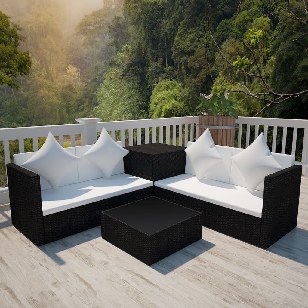 vidaXL Set mobilier de grădină cu perne, 4 piese, negru, poliratan vidaXL
