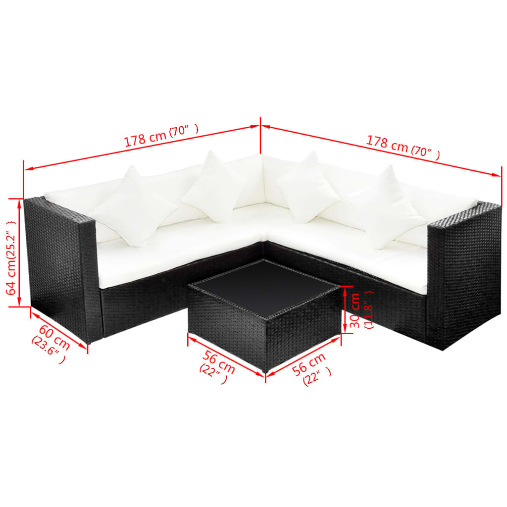 Set mobilier de grădină cu perne, 4 piese, negru, poliratan