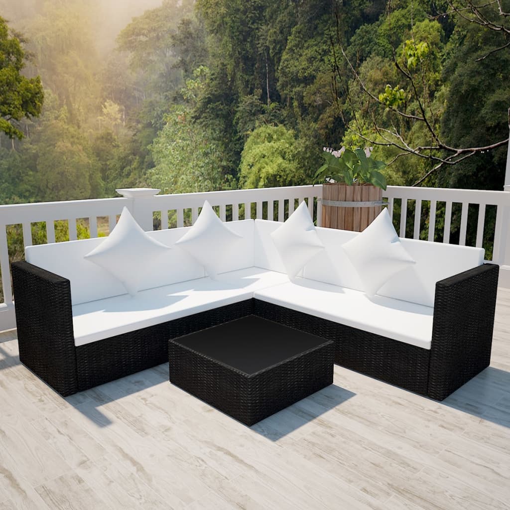 vidaXL 4-tlg. Garten-Lounge-Set mit Auflagen Poly Rattan Schwarz