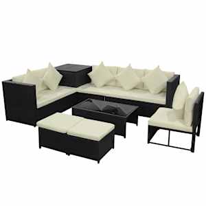 vidaXL 8 pcs conjunto lounge de jardim c/ almofad&otilde;es vime PE preto