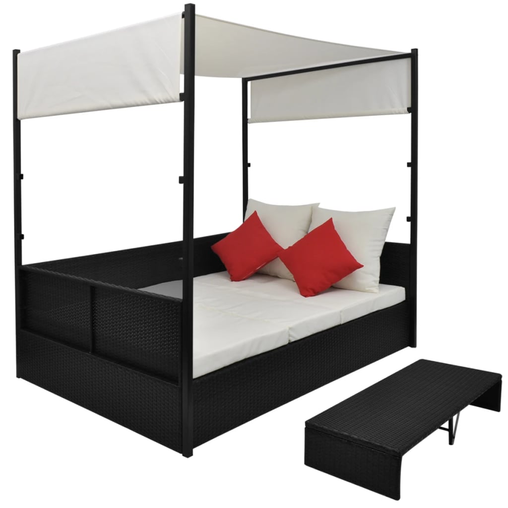 vidaXL fekete polyrattan napellenzős kerti ágy 190 x 130 cm