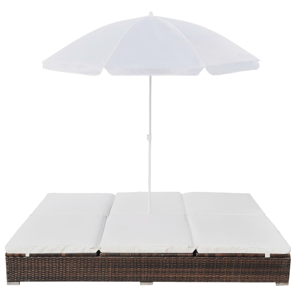 vidaXL Ligbed met parasol poly rattan bruin