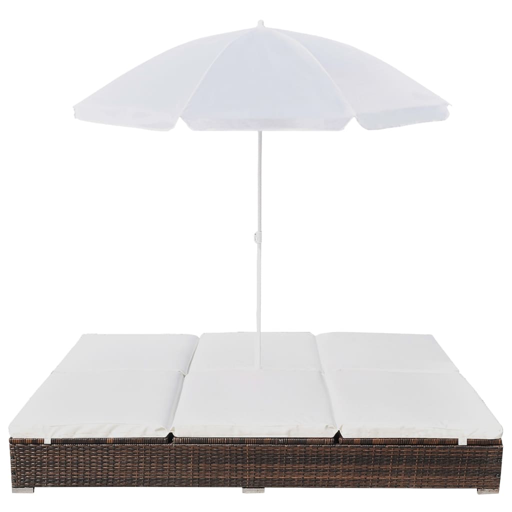 vidaXL Pat șezlong de exterior cu umbrelă, maro, poliratan