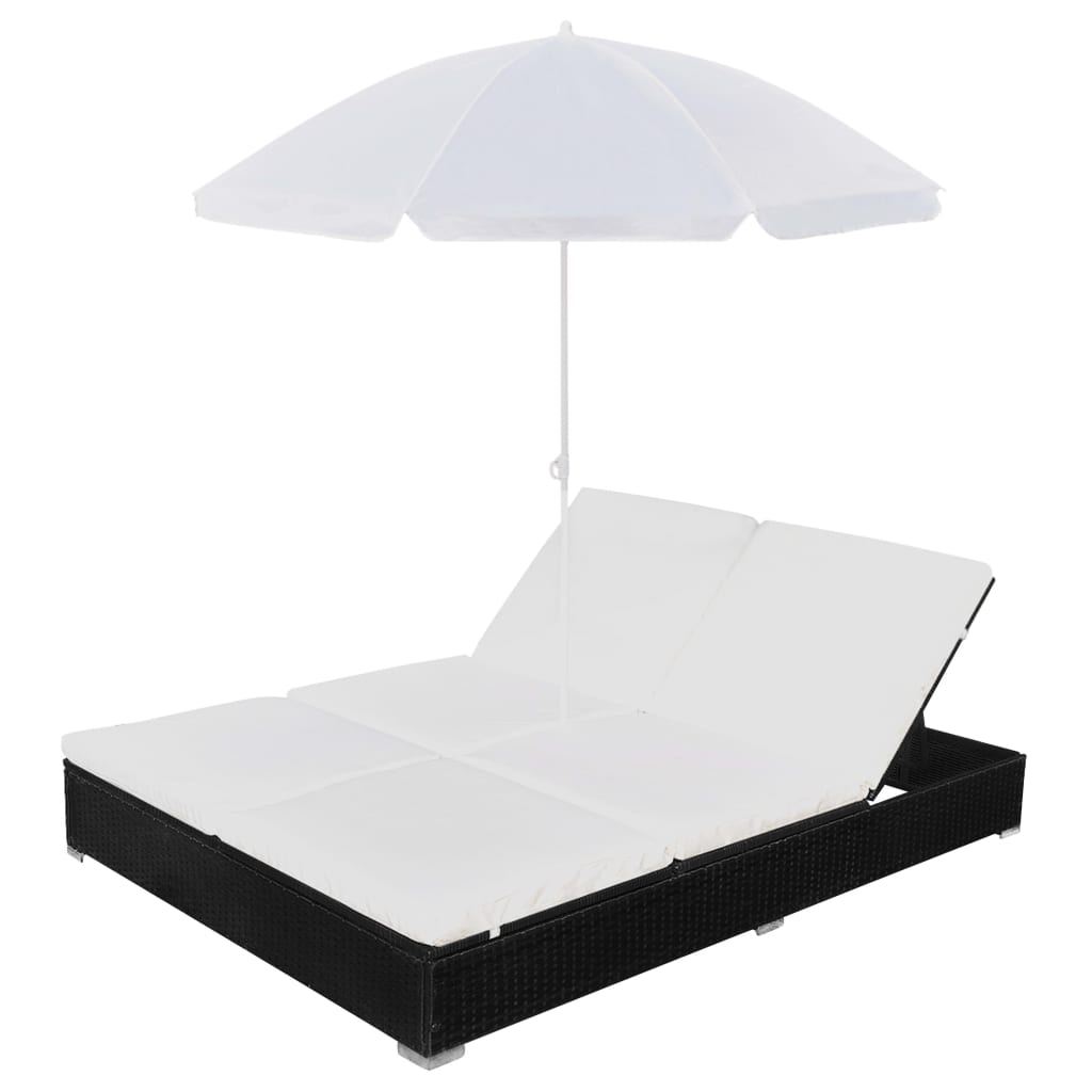 vidaXL Patio Lounge Bed with Umbrella Poly Rattan Black