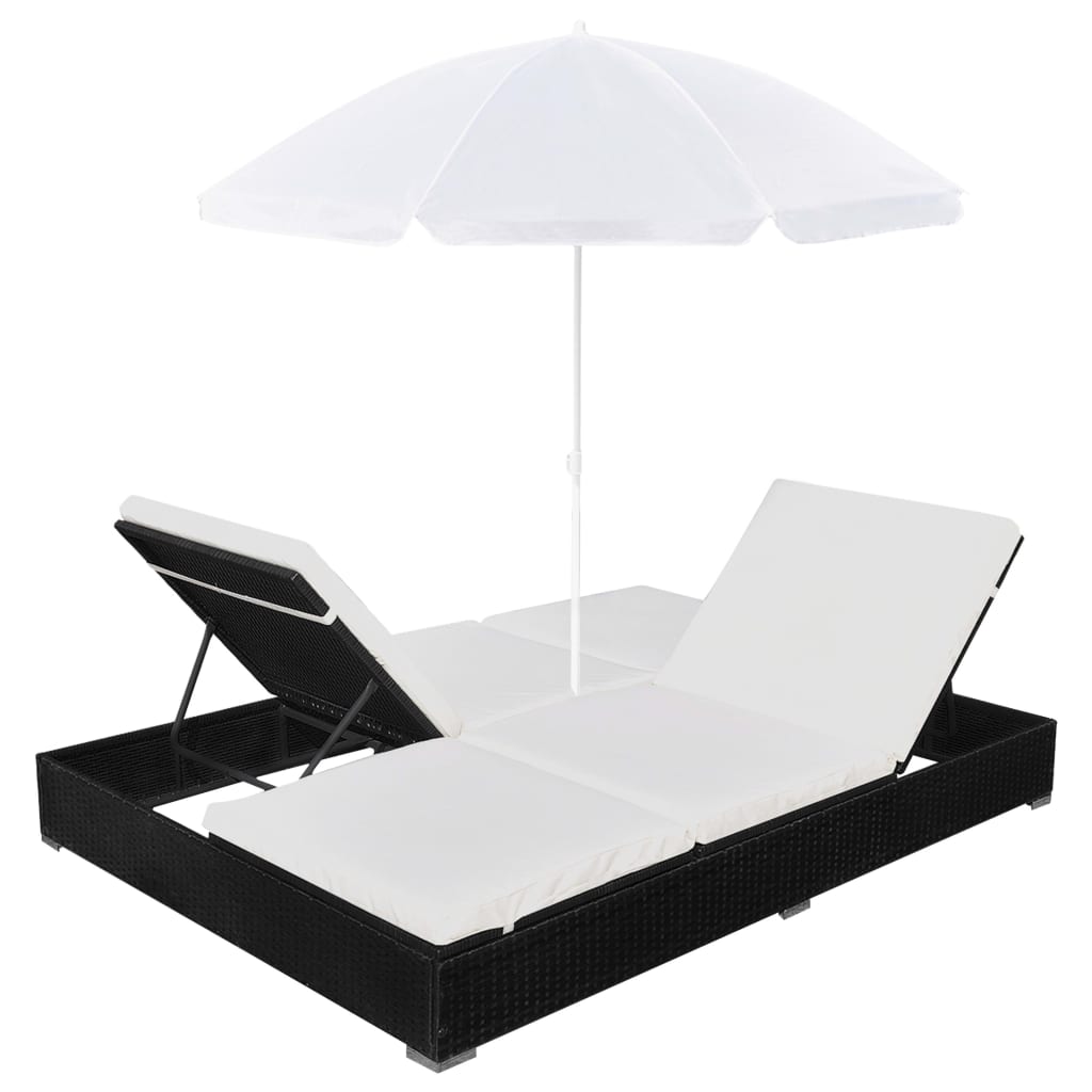Loungebed met parasol poly rattan zwart