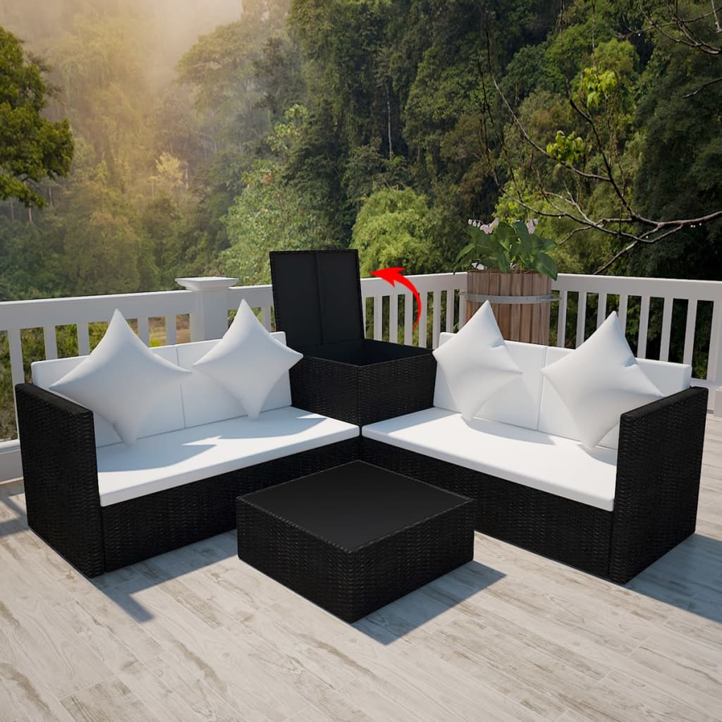 vidaXL Set mobilier de grădină cu perne, 4 piese, negru, poliratan