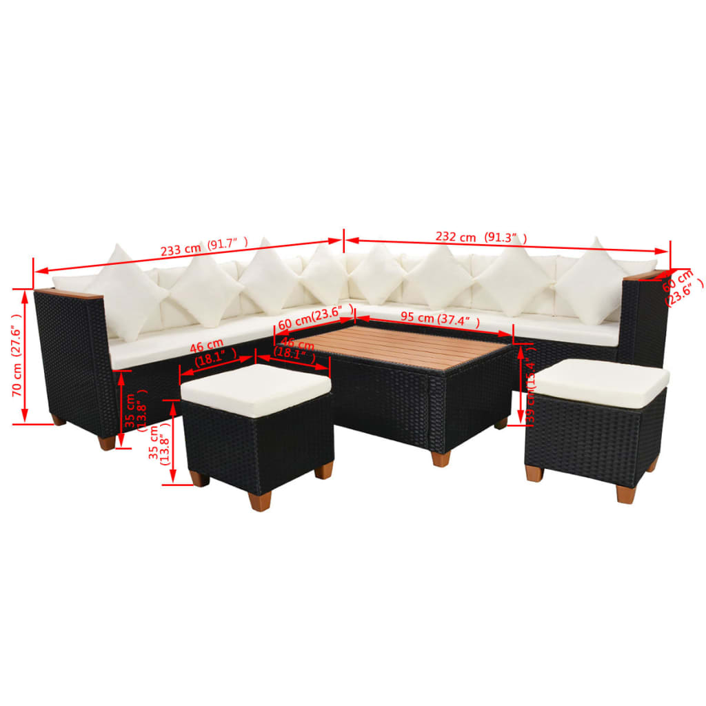 Set mobilier de grădină cu perne, 7 piese, negru, poliratan