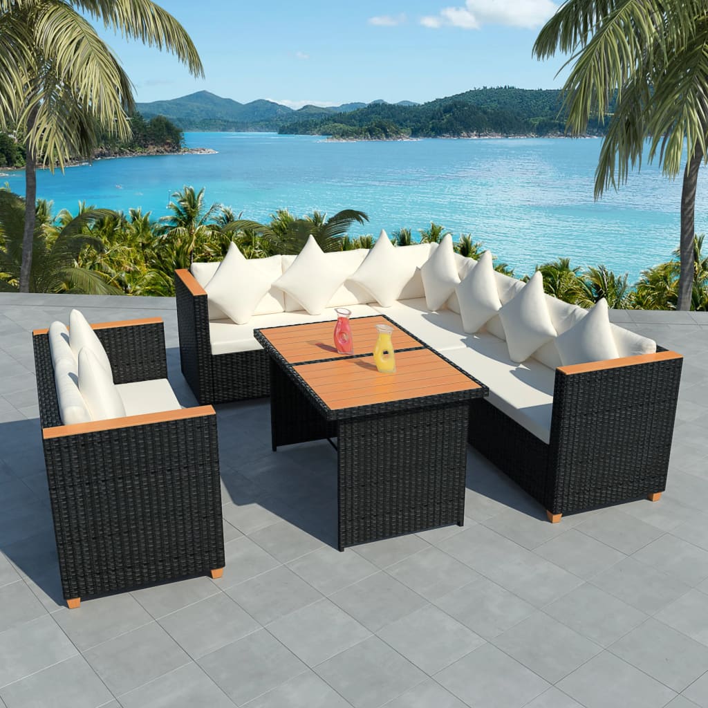 vida XL 5-tlg. Garten-Lounge-Set mit Auflagen Poly Rattan Schwarz