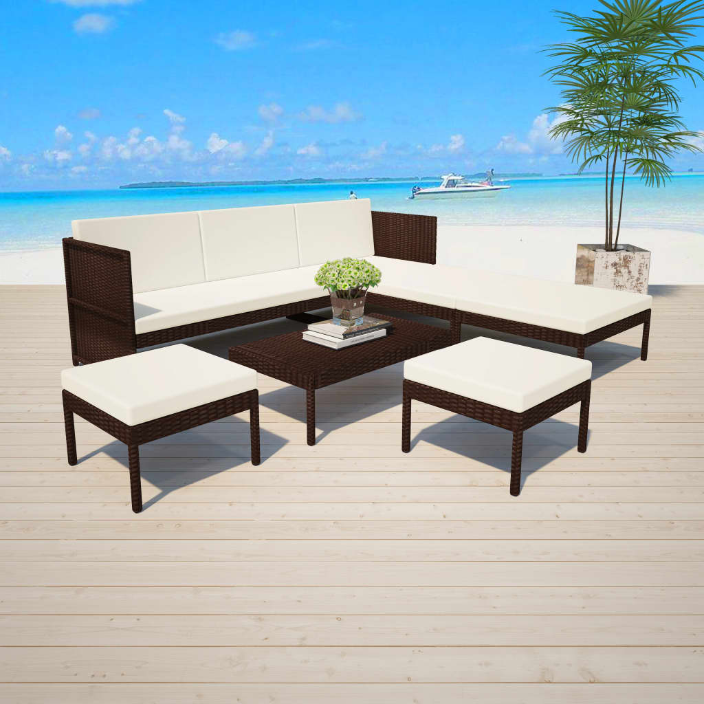 vidaXL 6-tlg. Garten-Lounge-Set mit Auflagen Poly Rattan Braun