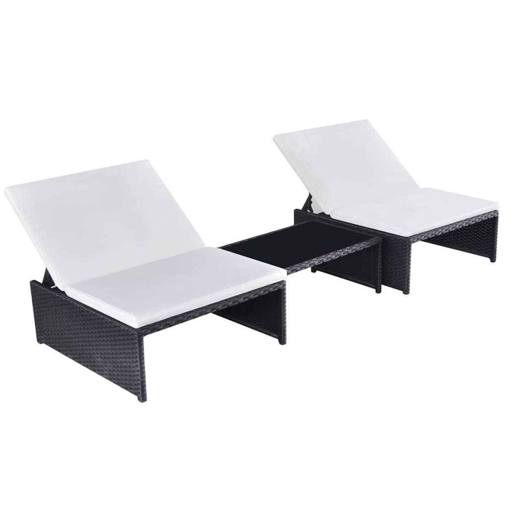 

vidaXL Sun Loungers 2 pcs with Table Poly Rattan Black