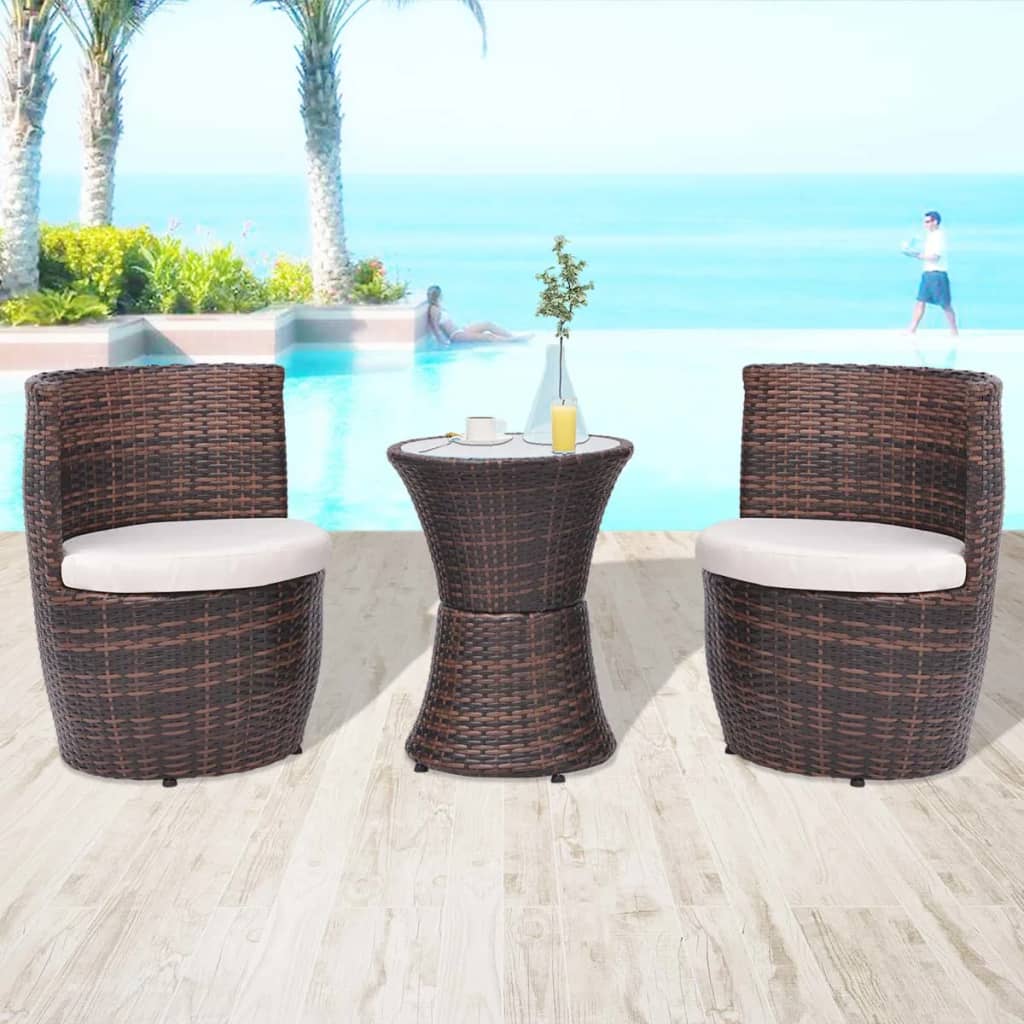 vidaXL Set mobilier bistro cu perne, 3 piese, maro, poliratan