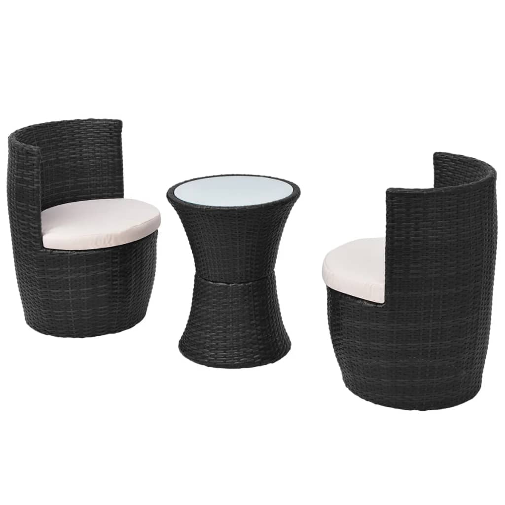 

vidaXL 3-delige Bistroset met kussens poly rattan zwart