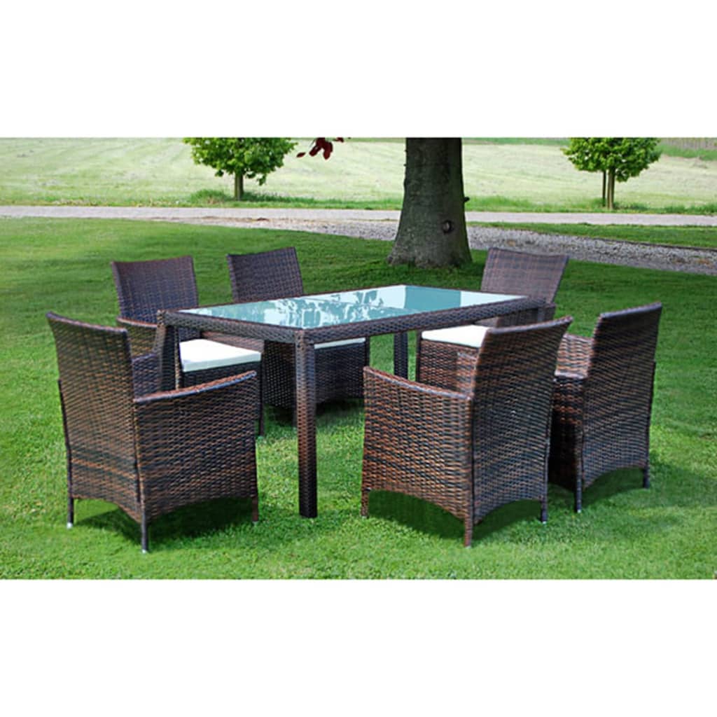 vidaXL 7-tlg. Garten-Essgruppe mit Auflagen Poly Rattan Braun