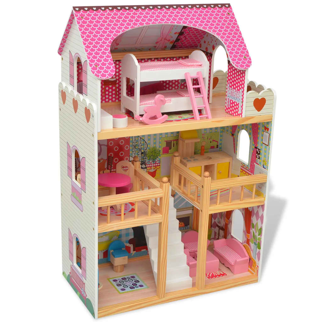  3-poschodový domček pre bábiky, drevený, 60x30x90 cm