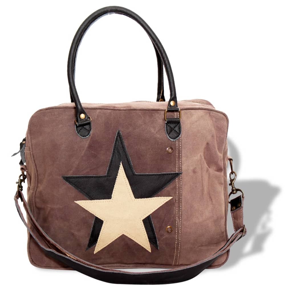 vidaXL håndtaske kanvas ægte læder med stjerne brun