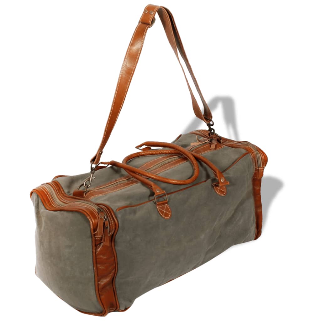 vidaXL Weekend Bag Canvas and Real Leather Light Grey