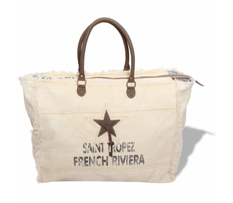 vidaXL Beach Bag Canvas and Real Leather Cream