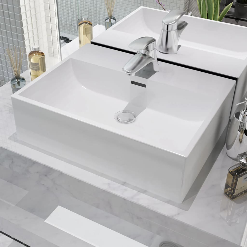 vidaXL Chiuvetă baie, orificiu robinet, alb, 51,5×38,5×15 cm, ceramică vidaXL