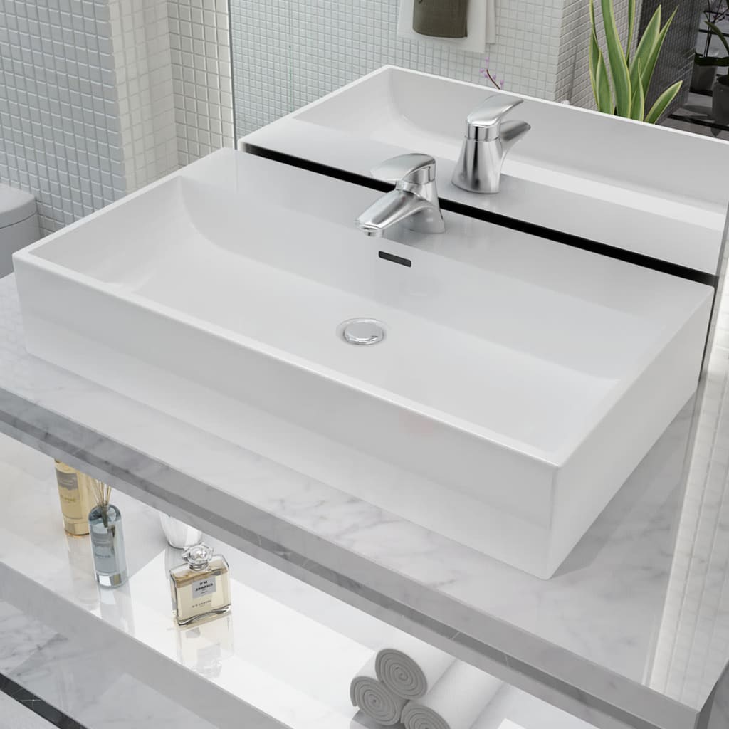 vidaXL Chiuvetă baie, orificiu robinet, ceramică, 76×42,5×14,5 cm, alb vidaXL