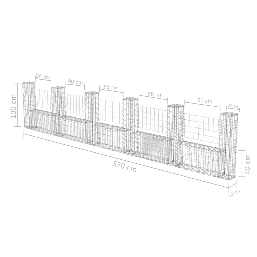 U-alakú horganyzott acél gabion kosár 570 x 20 x 100 cm