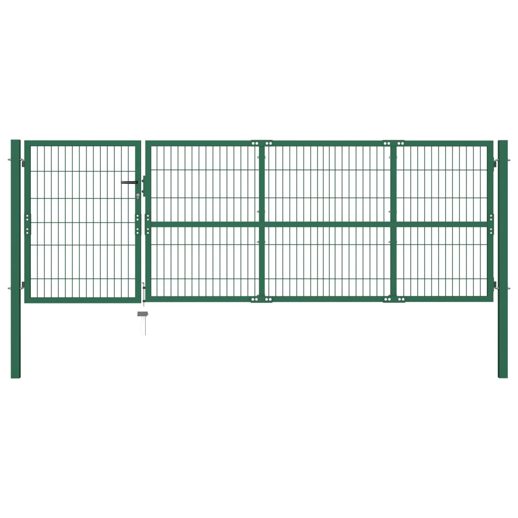 vidaXL Poartă gard de grădină cu stâlpi, verde, 350 x 100 cm, oțel vidaXL