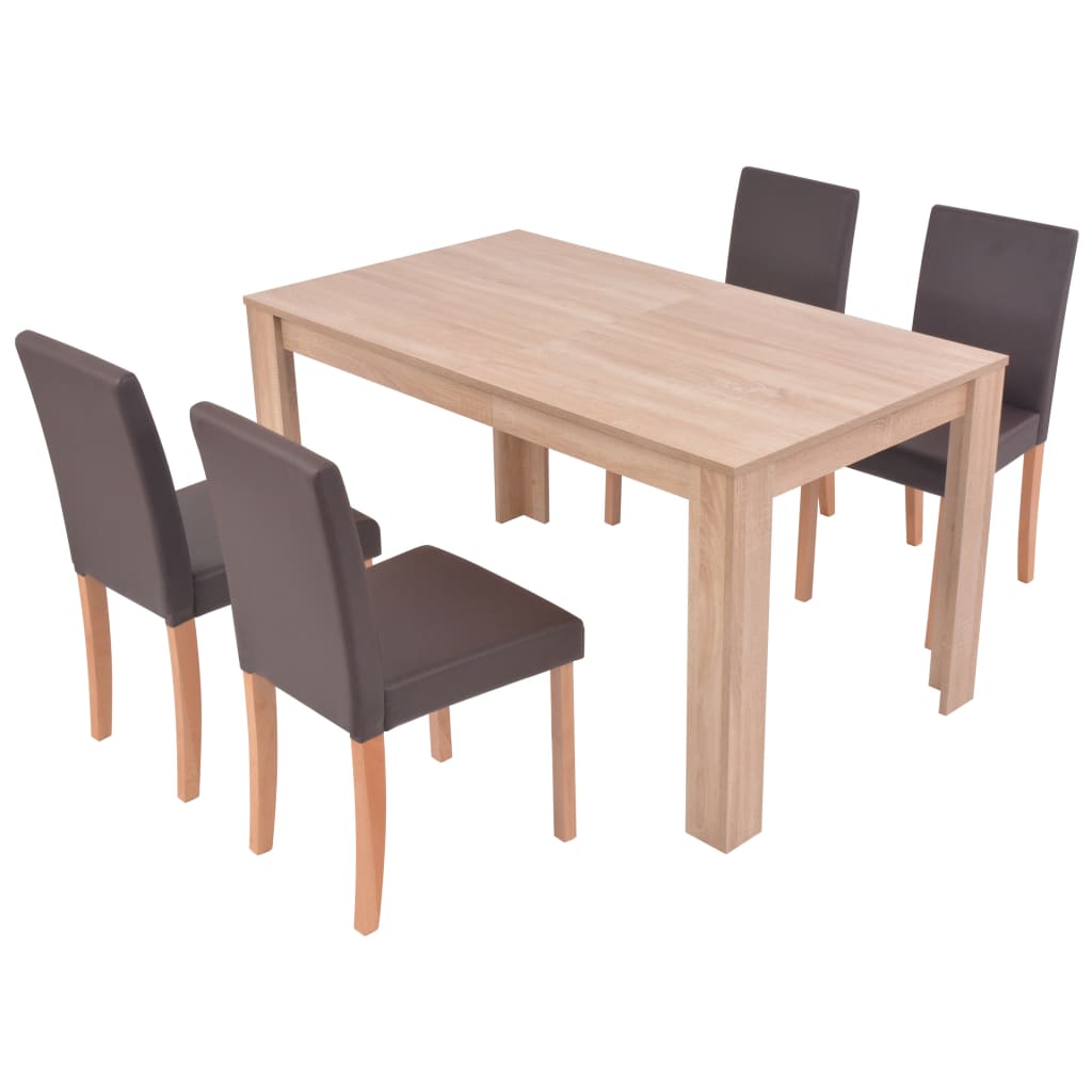 vidaXL Трапезна маса и столове, 5 части, изкуствена кожа, дъб, кафяво