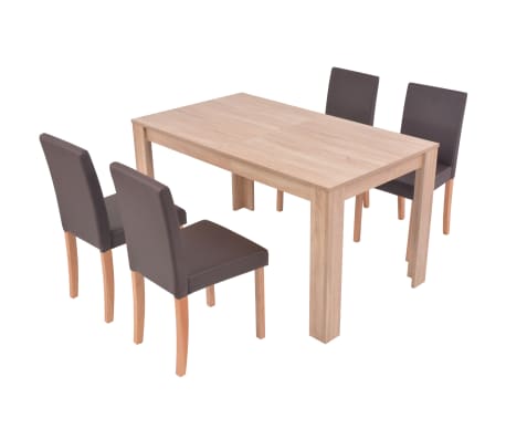 vidaXL Трапезна маса и столове, 5 части, изкуствена кожа, дъб, кафяво