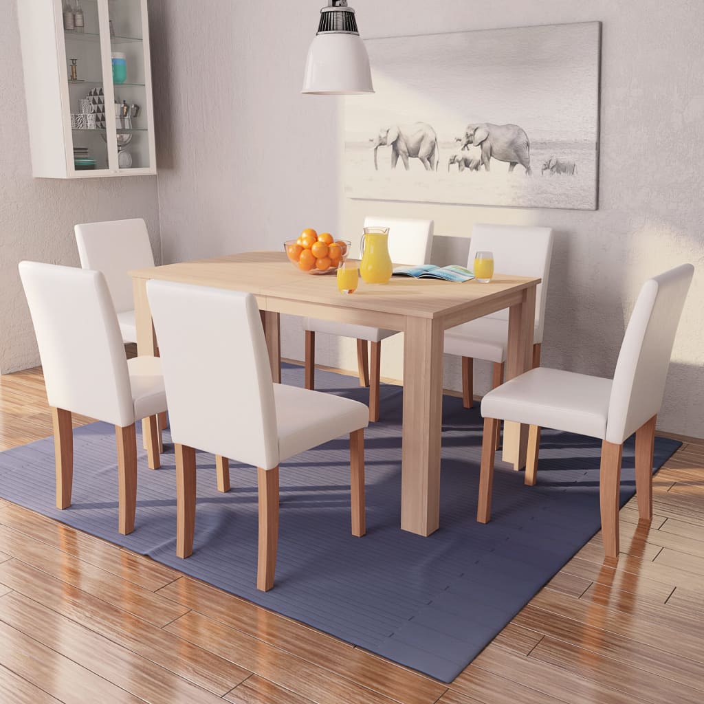 Eettafel met stoelen kunstleer en eikenhout crème 7-delig